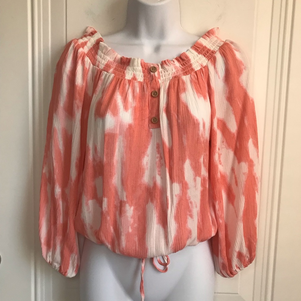 🔴 4/$15 Boutique coral & white tie dye crepey off-shoulder blouson top sz S NWT - Picture 7 of 15